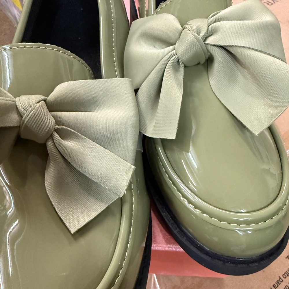Olive Green Bow Loafers - Women
